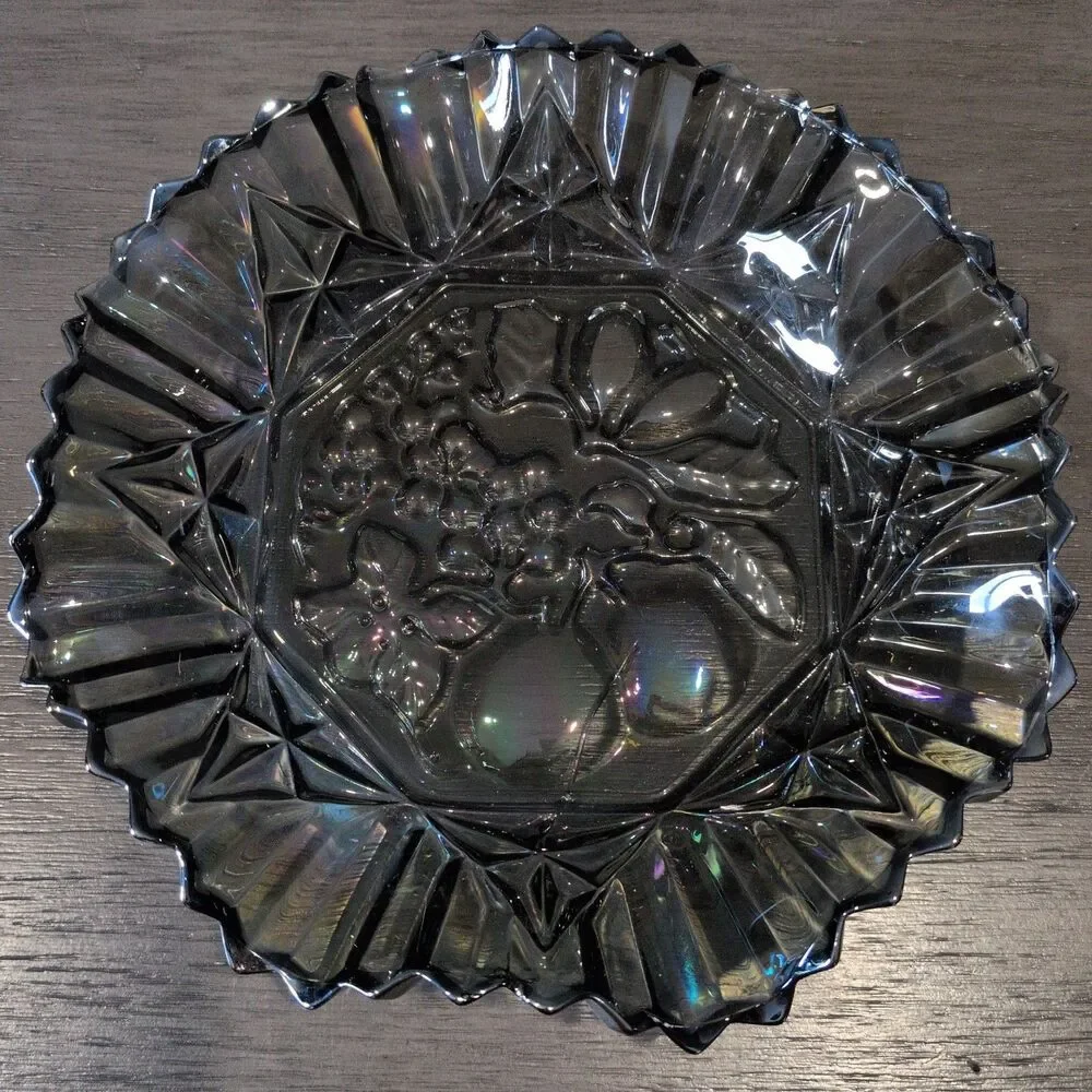 Vintage Federal Glass Pioneer Smoke Iridescent Carnival Glass Ruffled Fruit Bowl
